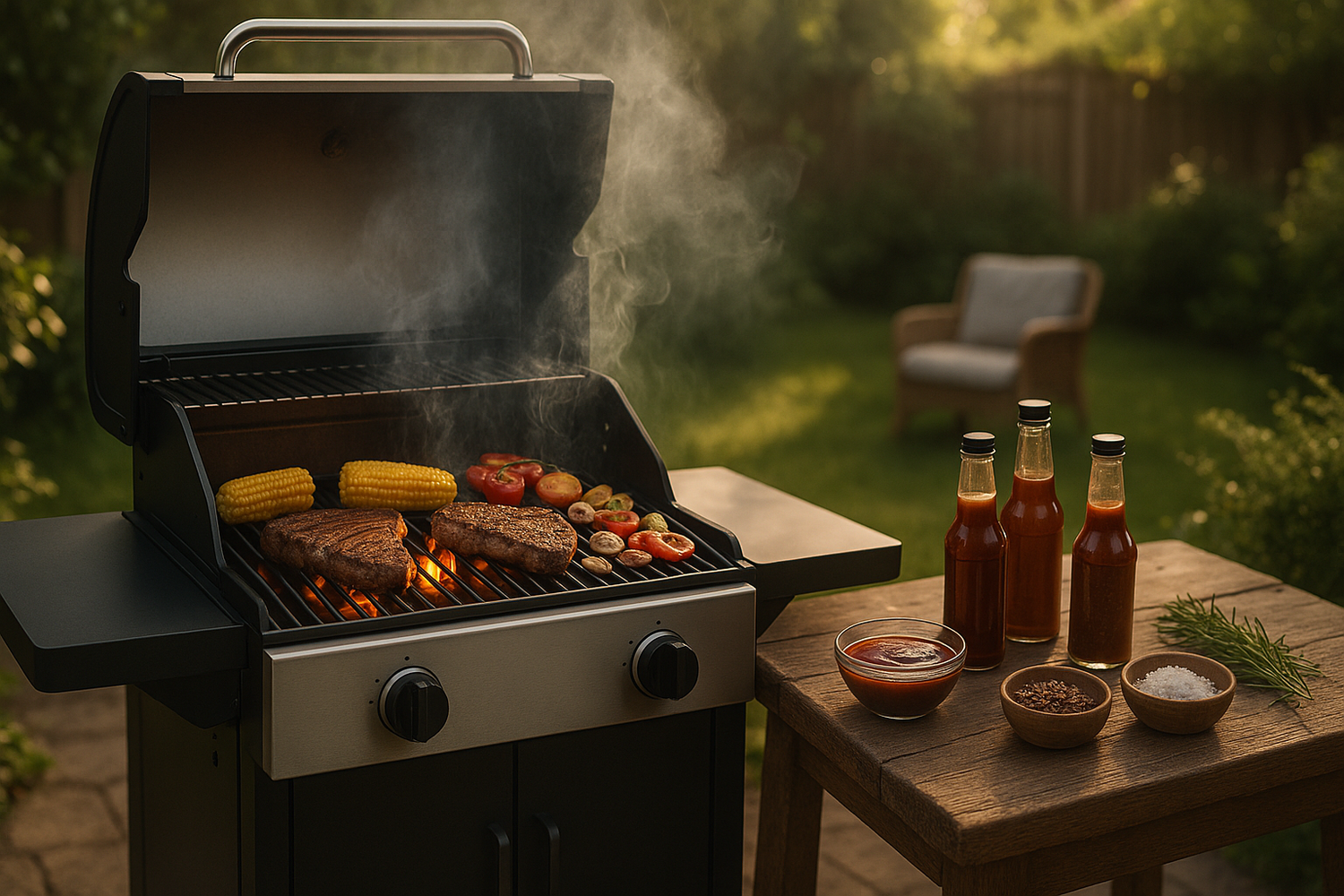 High-quality Shopify store cover image featuring a modern outdoor BBQ setup. A sleek grill with sizzling meat and vegetables, warm fire glow, rustic wooden table with sauces and spices, cozy backyard atmosphere, smoke rising in soft sunlight, premium lifestyle photography style, wide banner format, professional e-commerce look."