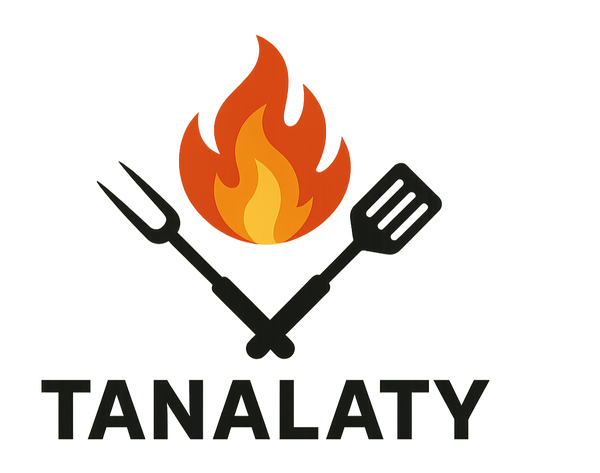 Minimalist and modern logo design for a Shopify BBQ products brand called 'TANALATY'. Incorporate elements of fire flames, grilling tools (like fork or spatula), and a bold clean font. Use warm colors such as red, black, and orange to symbolize BBQ heat and energy. The design should be professional, scalable, and suitable for e-commerce branding."